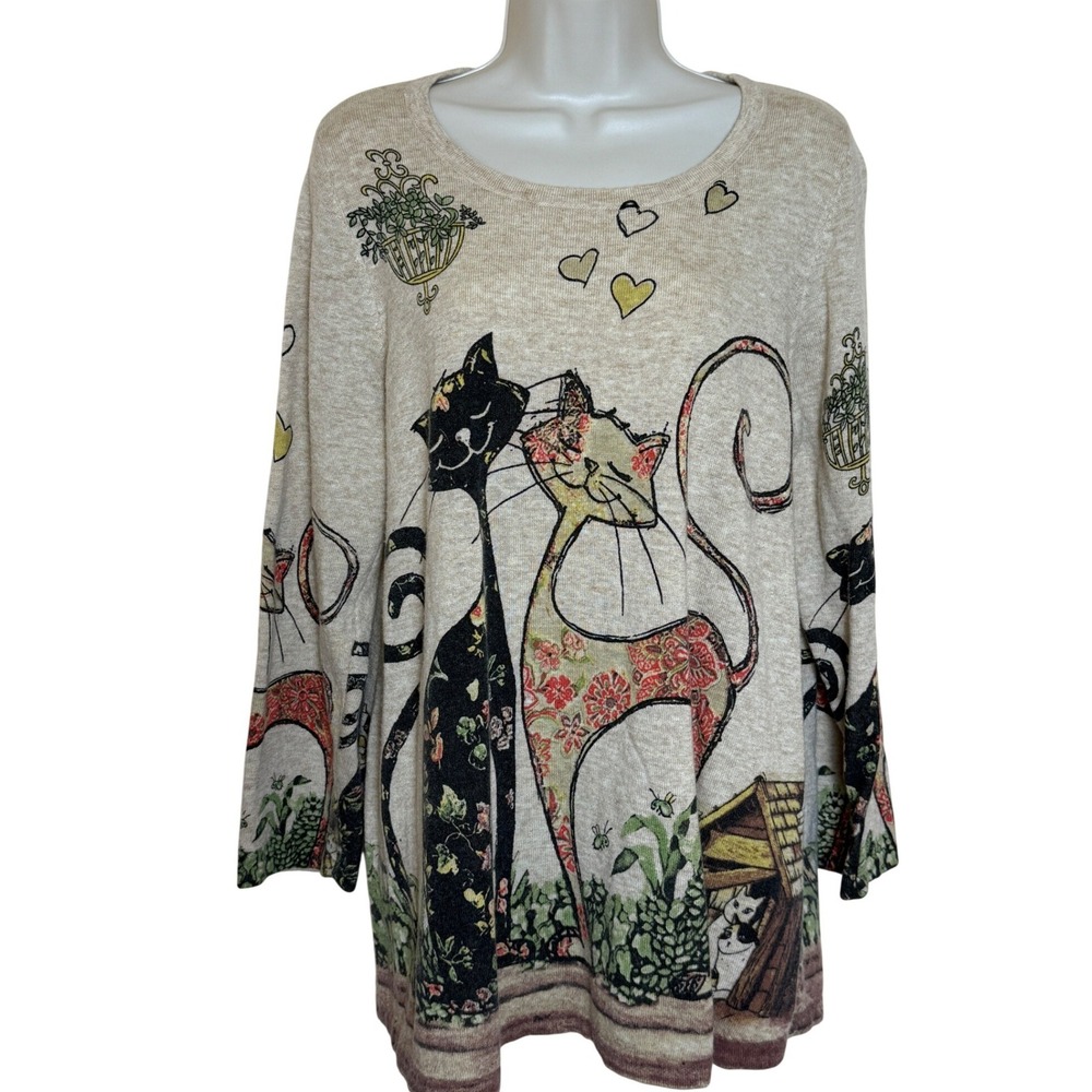 Shana Cat Graphic Knit Top Womens Size L Tan Artsy Whimsical Cat Lover Lagenlook
